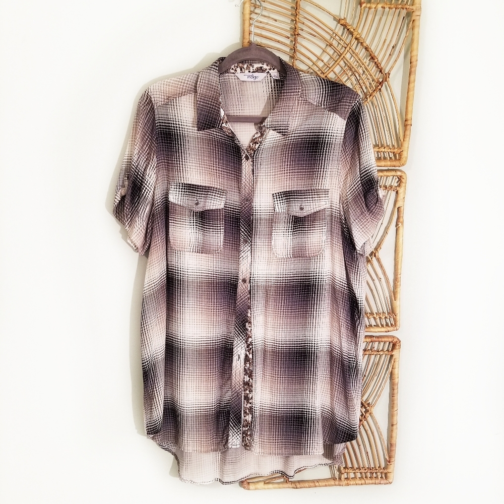 Great Northwest Indigo Neutral Button Up Plaid Top